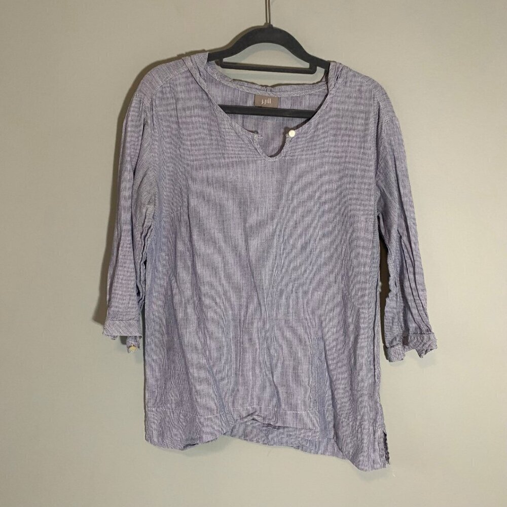 J. Jill Hooded Top Women XS Blue White Ticking Stripe Linen Blend 3/4 Sleeve